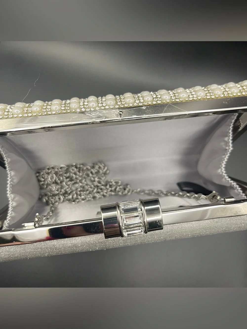 INC International Concepts Lilah Pearl Rhinestone Evening Clutch Bag with Chain!